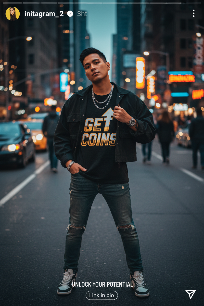 Get Coins t-shirt Stories and Reels ad lifestyle photo