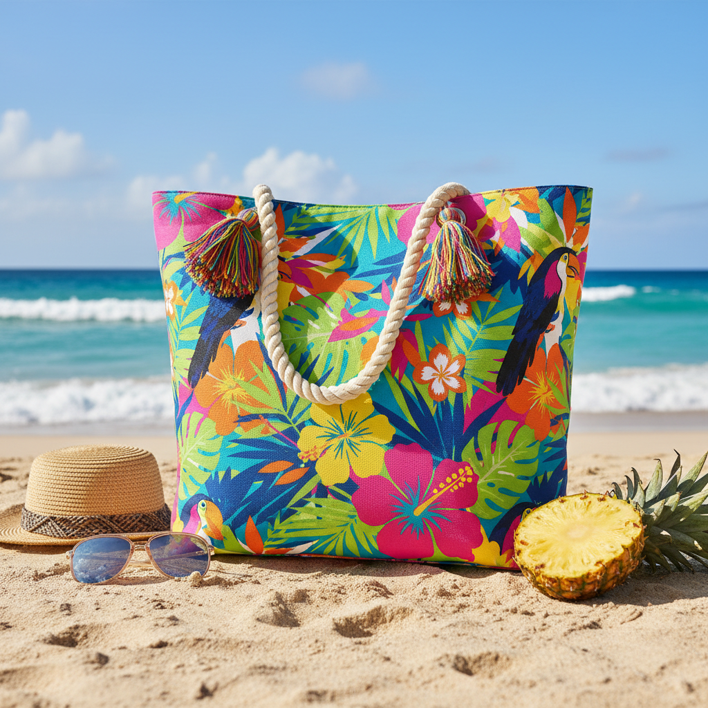Colorful beach bag with fun tropical prints on a sandy beach