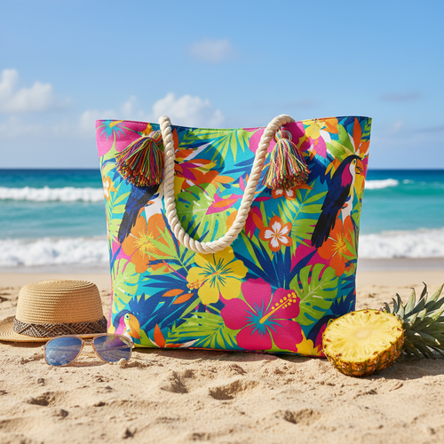 Colorful beach bag with fun tropical prints on a sandy beach